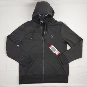 Spyder Logo Pique Fleece Zip Hoodie Mens Medium Black Lightweight Nwt